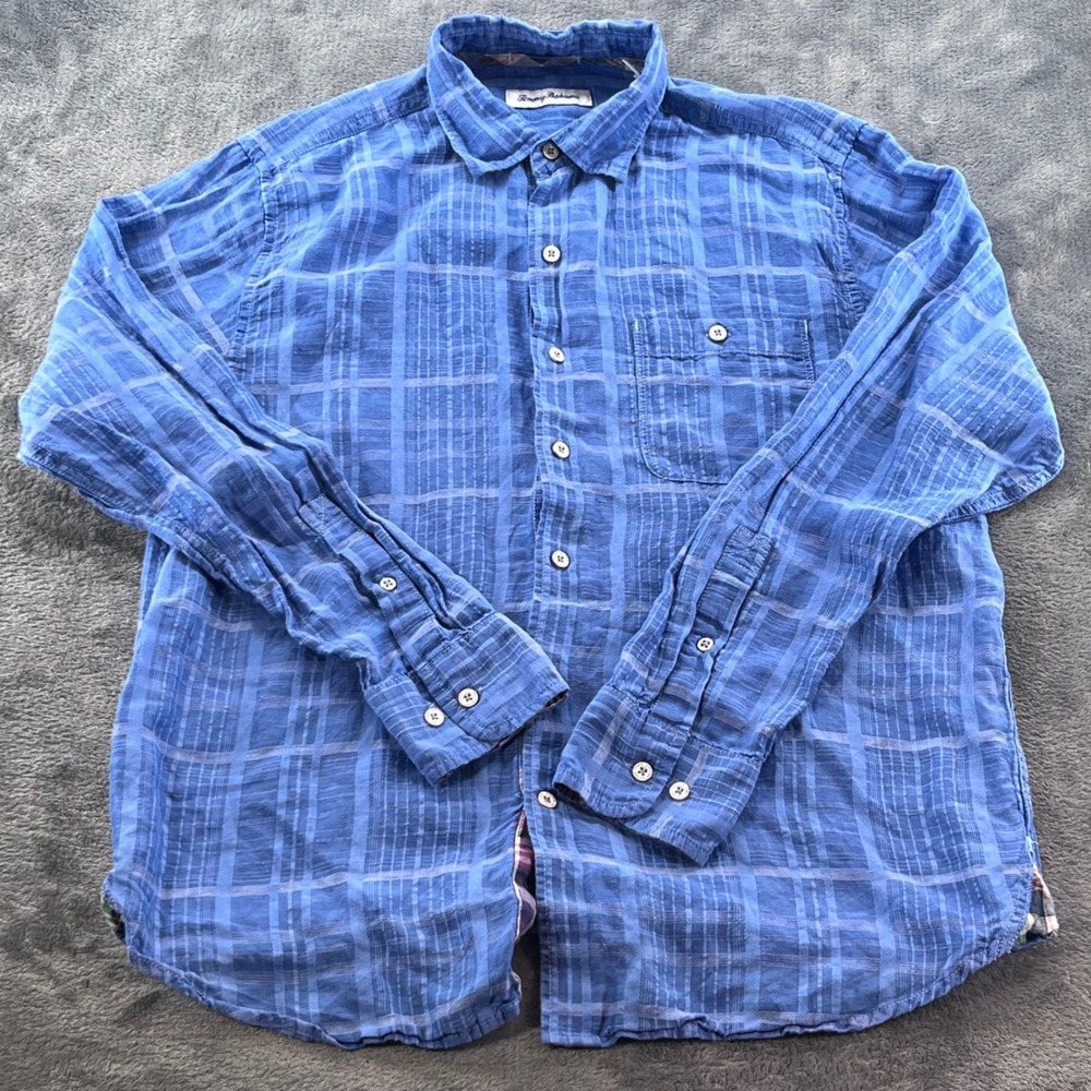 Tommy Bahama Relax Mens Medium Blue Plaid Linen Blend Long Sleeve Button Down